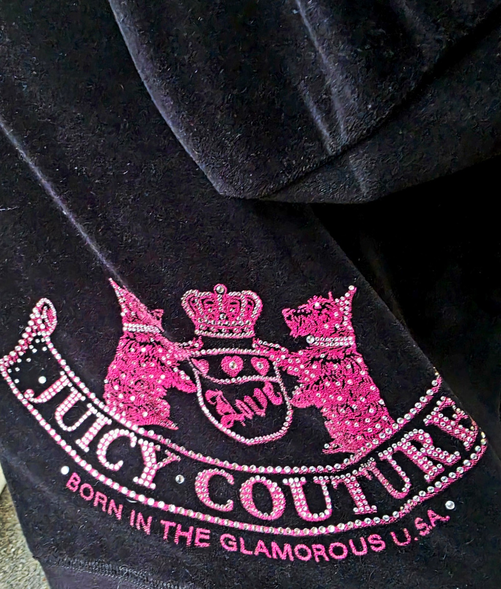Juicy Couture Vintage Y2K Velour Rhinestone Crest Hoodie M Black Pink